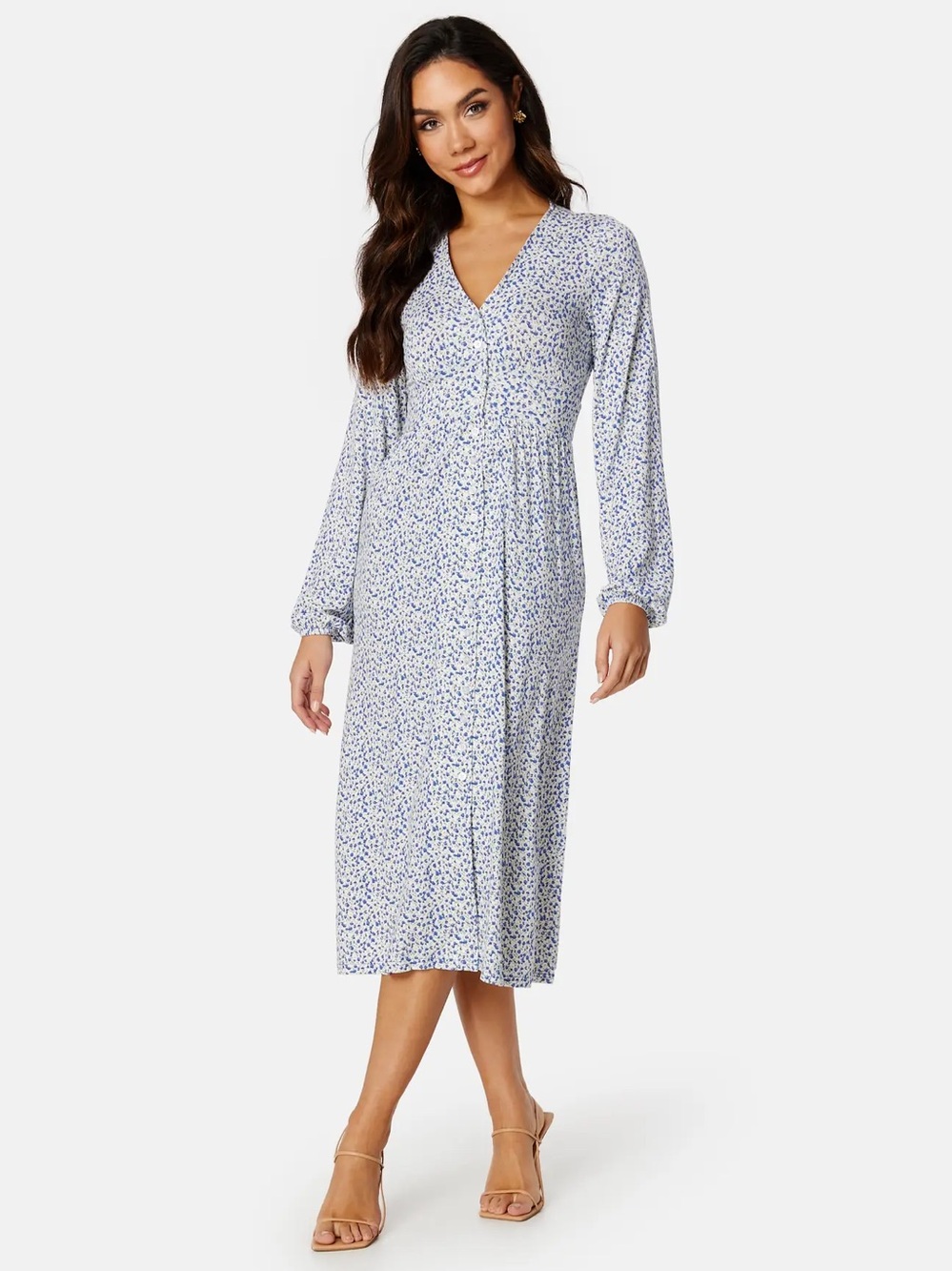 Bubbleroom dainty blue floral long Sleeve V-Neck Button Down Midi Dress Large